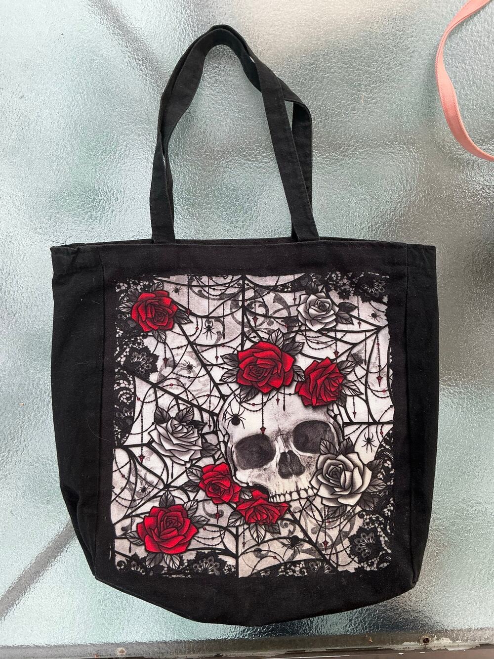 Goth Skull Roses Spiderweb Black Tote Bag
